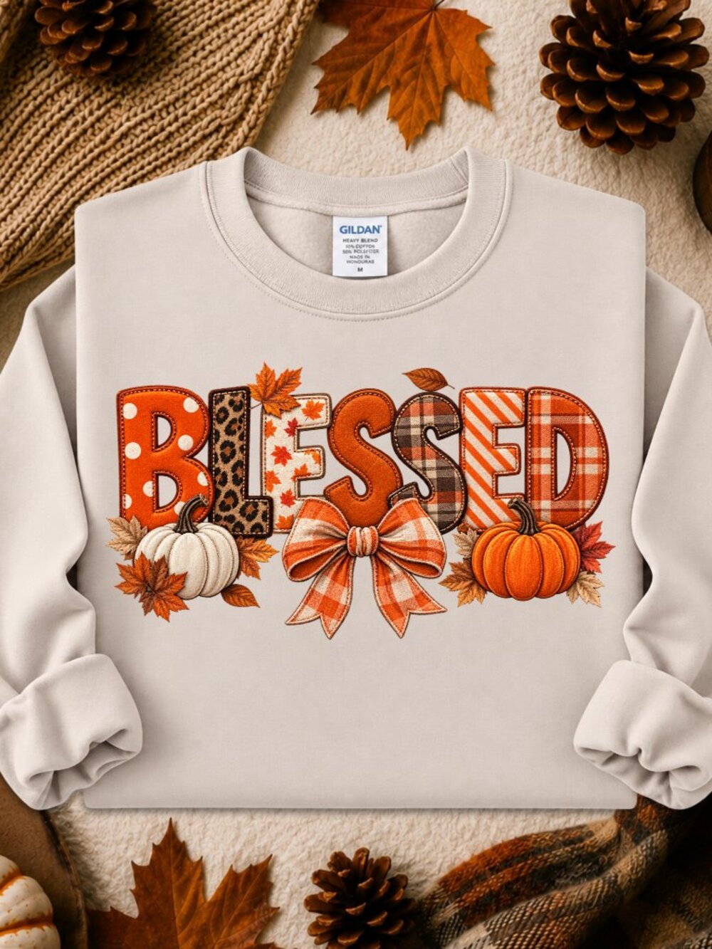 Blessed Fall Sweatshirt Adult Graphic Crewneck Applique Autumn Pumpkin Bow Plaid